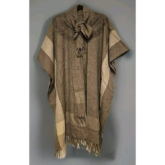 Vintage Wool Cape Western Poncho Fringe Coat One Size Ethnic Aztec Cape Taupe - Picture 2 of 8